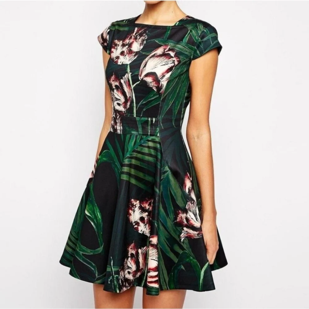 TED BAKER Florell Tropical Floral Palm Leaves Scuba Skater Dress Size 10 - Picture 13 of 13